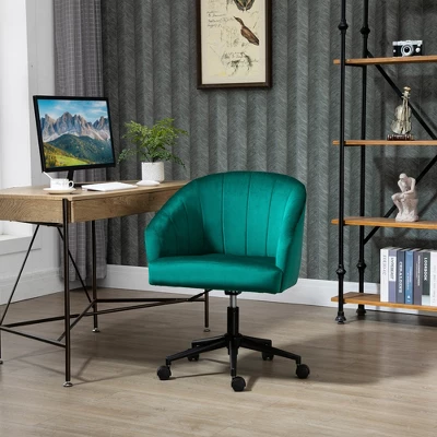 HOMCOM Retro Mid-Back Swivel Fabric Computer Desk Chair Height Adjustable With Metal Base, Leisure Task Chair On Rolling Wheels For Home Office, Green 1 HOMCOM Retro Mid-Back Swivel Fabric Computer Desk Chair Height Adjustable With Metal Base, Leisure Task Chair On Rolling Wheels For Home Office, Green