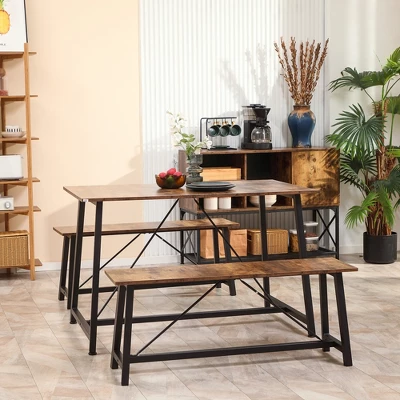 HOMCOM Industrial 3-Piece Dining Table Set, Rectangular Kitchen Table And Chairs For 4 People, Space-Saving Dinner Table Two Benches, Rustic Brown 2 HOMCOM Industrial 3-Piece Dining Table Set, Rectangular Kitchen Table And Chairs For 4 People, Space-Saving Dinner Table Two Benches, Rustic Brown - Image 2