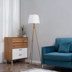 HOMCOM Modern Tripod Floor Lamp Free Standing Land Lamp W/ Steel Frame, Footswitch, Fabric Lampshade And E26 Base For Living Room, Bedroom, Gold