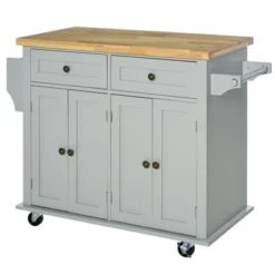 HOMCOM Kitchen Island On Wheels, Rolling Cart With Rubber Wood Top, Spice Rack, Towel Rack & Drawers For Dining Room, Gray -Homcom GUEST 10253e18 c953 4fbe b652 57638a1e5ae6