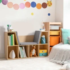 HOMCOM 6-Cubby Kids Bookcase, Reading Nook Organizer With Seat Cushion, Toddler Storage Cabinet Shelf For Playroom Bedroom, 40.5" X 12" X 23.5"