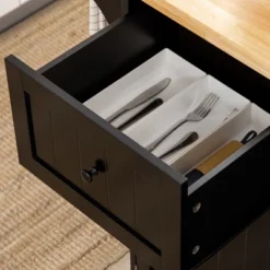 HOMCOM Triple-Cabinet Rolling Kitchen Island On Wheels, Kitchen Cart With Storage Shelf Adjustment, Rolling Utility Cart Wood, Big Drawer, Black -Homcom GUEST 11be598d 5184 4bd9 9451 11d4d614dba7