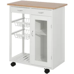 HOMCOM 28" Rolling Kitchen Trolley Serving Cart Storage Cabinet Bamboo Top With Wire Basket & Door Cabinet & Drawers, White -Homcom GUEST 17c15a63 df11 48e0 b9f3 3766df50ed89