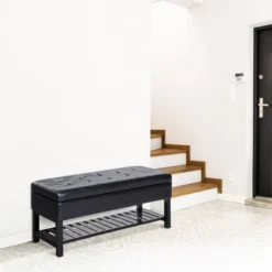 HomCom 44" Tufted Faux Leather Ottoman Storage Bench With Shoe Rack