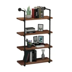 HOMCOM 4-Tier Industrial Pipe Shelves Floating Wall Mounted Bookshelf, Metal Frame Display Rack, 1.25" Thickness Shelving Unit Kitchen, Bar, Brown -Homcom GUEST 1b483c61 f7a8 48a8 8e13 9781f3c08ef7