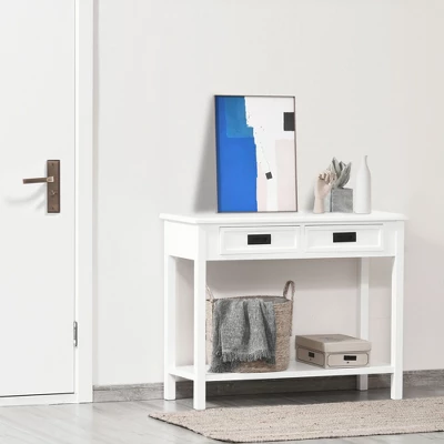 HOMCOM Console Table With 2 Storage Drawers And Open Shelf, Modern Sofa Table For Hallway, Living Room, Or Bedroom, White 1 HOMCOM Console Table With 2 Storage Drawers And Open Shelf, Modern Sofa Table For Hallway, Living Room, Or Bedroom, White