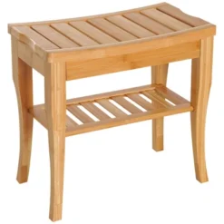 HOMCOM Long Bamboo Shower Bench Seat, 20" Wooden Spa Shower Stool With Underneath Storage Shelf Shoe Organizer -Homcom GUEST 1e575988 ae3a 4e6c b7bf db8c2b3f983f