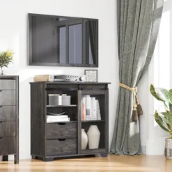 HOMCOM Industrial Sideboard, Freestanding Coffee Bar Cabinet, Buffet Cabinet With 2 Drawers, 2 Shelves & Metal Mesh Door, Dark Brown/Black