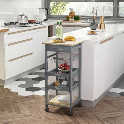 HOMCOM Mobile Rolling Kitchen Island Trolley Serving Cart With Underneath Drawer & Slide-Out Wire Storage Basket, Grey 2 HOMCOM Mobile Rolling Kitchen Island Trolley Serving Cart With Underneath Drawer & Slide-Out Wire Storage Basket, Grey - Image 2
