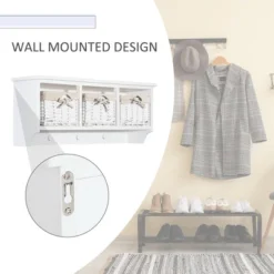 HomCom 32" Rustic Floating Shelf With Coat Hooks And Baskets - Antique White -Homcom GUEST 259832a9 7137 4650 b4d1 90674a872580