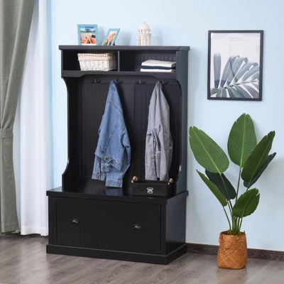 HOMCOM Hall Tree For Entryway, Coat Rack Shoe Bench With Bottom Storage, 4 Metal Double Hooks And 2 Shelves For Hallway, Living Room, Black 2 HOMCOM Hall Tree For Entryway, Coat Rack Shoe Bench With Bottom Storage, 4 Metal Double Hooks And 2 Shelves For Hallway, Living Room, Black - Image 2