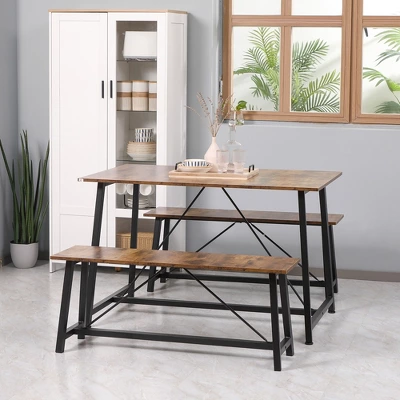 HOMCOM Industrial 3-Piece Dining Table Set, Rectangular Kitchen Table And Chairs For 4 People, Space-Saving Dinner Table Two Benches, Rustic Brown 1 HOMCOM Industrial 3-Piece Dining Table Set, Rectangular Kitchen Table And Chairs For 4 People, Space-Saving Dinner Table Two Benches, Rustic Brown