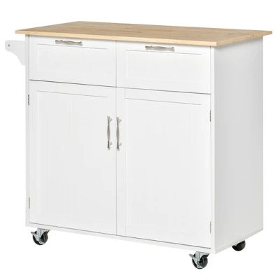 HOMCOM 41" Modern Rolling Kitchen Island On Wheels, Utility Cart Storage Trolley With Rubberwood Top & Drawers, White 3 HOMCOM 41" Modern Rolling Kitchen Island On Wheels, Utility Cart Storage Trolley With Rubberwood Top & Drawers, White - Image 3