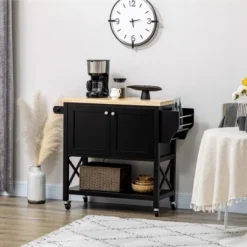 HOMCOM Rolling Kitchen Island On Wheels, Utility Serving Cart With Rubberwood Top, Towel Rack, Spice Rack And Storage Cabinet