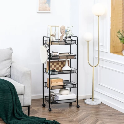 HOMCOM 5 Tier Utility Rolling Cart, Metal Storage Cart, Kitchen Cart With Removable Mesh Baskets, For Living Room, Laundry, Garage And Bathroom, Black 1 HOMCOM 5 Tier Utility Rolling Cart, Metal Storage Cart, Kitchen Cart With Removable Mesh Baskets, For Living Room, Laundry, Garage And Bathroom, Black