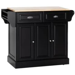 HOMCOM Triple-Cabinet Kitchen Island On Wheels That Remove, Kitchen Storage Cabinet With Drawers & Countertop, Rolling Utility Cart In Wood, Black -Homcom GUEST 3217b1e8 bbbc 45f8 a167 ddd9f8aaaa4e
