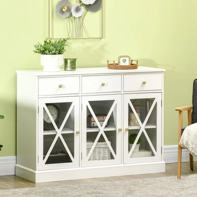 HOMCOM 45" Farmhouse Style Kitchen Sideboard, Serving Buffet Cabinet, Storage Cupboard With Glass Doors And 3 Drawers, White 1 HOMCOM 45" Farmhouse Style Kitchen Sideboard, Serving Buffet Cabinet, Storage Cupboard With Glass Doors And 3 Drawers, White