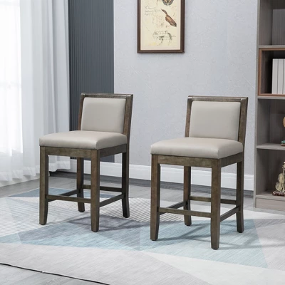 HOMCOM 25.5" Counter Height Bar Stools Set Of 2, PU Leather Kitchen Stool, Upholstered Bar Chairs With Back, Wood Legs, Gray 1 HOMCOM 25.5" Counter Height Bar Stools Set Of 2, PU Leather Kitchen Stool, Upholstered Bar Chairs With Back, Wood Legs, Gray