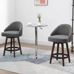 HOMCOM Bar Stools Set Of 2, Linen Fabric Kitchen Counter Stools With Nailhead Trim, Rubber Wood Legs And Footrest For Dining Room, Counter, Pub