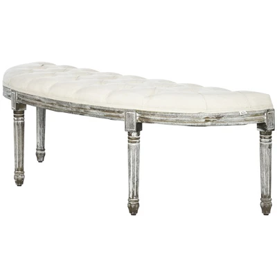 HOMCOM Vintage Semi-Circle Hallway Bench Tufted Upholstered Velvet-Touch Fabric Accent Seat With Rubberwood Legs, Off White 3 HOMCOM Vintage Semi-Circle Hallway Bench Tufted Upholstered Velvet-Touch Fabric Accent Seat With Rubberwood Legs, Off White - Image 3