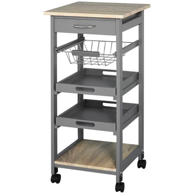 HOMCOM Mobile Rolling Kitchen Island Trolley Serving Cart With Underneath Drawer & Slide-Out Wire Storage Basket, Grey 3 HOMCOM Mobile Rolling Kitchen Island Trolley Serving Cart With Underneath Drawer & Slide-Out Wire Storage Basket, Grey - Image 3