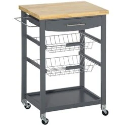 HOMCOM 3-Tier Utility Kitchen Cart With Handle Bar, Steel Basket Rolling Cart, Food Storage Service Trolley With Drawer, Rubber Wood Top -Homcom GUEST 3ae99e36 b09e 4ac0 bee0 94260c614857