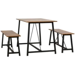 HOMCOM Industrial 3-Piece Dining Table Set, Rectangular Kitchen Table And Chairs For 4 People, Space-Saving Dinner Table Two Benches, Rustic Brown 7 HOMCOM Industrial 3-Piece Dining Table Set, Rectangular Kitchen Table And Chairs For 4 People, Space-Saving Dinner Table Two Benches, Rustic Brown -Homcom GUEST 3cdb1060 b439 4c1d bf6a 658e6140e32a
