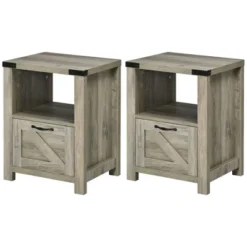 HOMCOM Farmhouse Side Table With 1 Drawer, 1 Open Shelf And Tabletop For Living Room, Set Of 2, Gray Oak -Homcom GUEST 3d5501b6 f0b2 4bc9 8d7f 49b0e6ca031f
