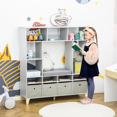 HOMCOM 47" Kids Reading Nook Organizer, Freestanding 15-Cubby Bookcase Storage Cabinet With Cushioned Seat For Toys, Books, Clothes 2 HOMCOM 47" Kids Reading Nook Organizer, Freestanding 15-Cubby Bookcase Storage Cabinet With Cushioned Seat For Toys, Books, Clothes - Image 2