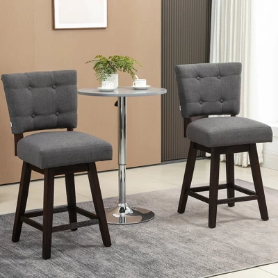 HOMCOM Swivel Bar Stools Set Of 2, Fabric Tufted Counter Height Bar Stools With Rubber Wood Legs And Footrest For Dining Room, Kitchen, Pub, Dark Gray 1 HOMCOM Swivel Bar Stools Set Of 2, Fabric Tufted Counter Height Bar Stools With Rubber Wood Legs And Footrest For Dining Room, Kitchen, Pub, Dark Gray