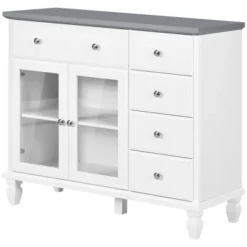 HOMCOM Kitchen Sideboard, Buffet Cabinet With 5 Storage Drawers And Double Glass Door Cupboard For Living Room, White -Homcom GUEST 40aac111 dae6 4622 8ec9 ec6366c3009c