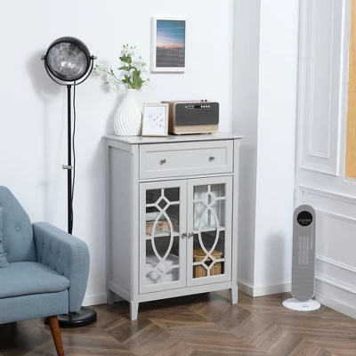 HOMCOM Kitchen Cabinet, Storage Cabinet, Sideboard Floor Accent Cabinet W/ 2 Glass Doors, Drawer, Adjustable Shelves For Living Room Entryway, Gray 2 HOMCOM Kitchen Cabinet, Storage Cabinet, Sideboard Floor Accent Cabinet W/ 2 Glass Doors, Drawer, Adjustable Shelves For Living Room Entryway, Gray - Image 2