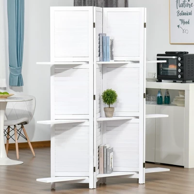 HOMCOM 4 Panel 67" Tall Wood Privacy Screen Room Divider With 3 Display Shelves, And Folding Storage For Bedroom Or Home Office, White 1 HOMCOM 4 Panel 67" Tall Wood Privacy Screen Room Divider With 3 Display Shelves, And Folding Storage For Bedroom Or Home Office, White