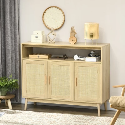 HOMCOM Kitchen Sideboard With 2 Cabinets, Boho Buffet Cabinet With 3 Rattan Decorated Doors And Adjustable Shelf, Coffee Bar Cabinet 2 HOMCOM Kitchen Sideboard With 2 Cabinets, Boho Buffet Cabinet With 3 Rattan Decorated Doors And Adjustable Shelf, Coffee Bar Cabinet - Image 2