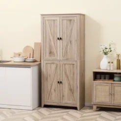HOMCOM 72" Freestanding 4-Door Kitchen Pantry, Storage Cabinet Organizer With 4-Tiers, And Adjustable Shelves, Natural