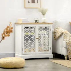 HOMCOM Farmhouse Storage Cabinet, Sideboard Buffet Cabinet With Double Glass Doors And Solid Wood Countertop For Kitchen, Living Room