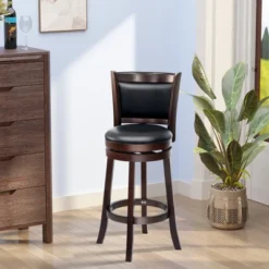 HOMCOM Classic Bar Stool Swivel Barstool With PU Leather Upholstered Mid-Back And Footrest, 30.25 Inch Seat Height, Black