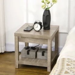 HOMCOM Storage End Table With Charging Station, Small Side Table For Small Spaces, Wood End Table With USB Ports And Outlets, Living Room Furniture