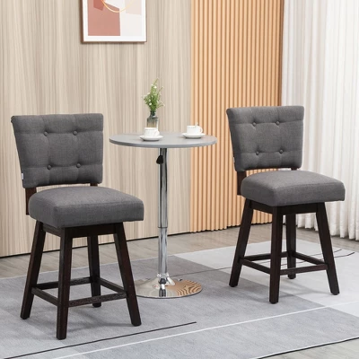 HOMCOM Swivel Bar Stools Set Of 2, Fabric Tufted Counter Height Bar Stools With Rubber Wood Legs And Footrest For Dining Room, Kitchen, Pub, Dark Gray 2 HOMCOM Swivel Bar Stools Set Of 2, Fabric Tufted Counter Height Bar Stools With Rubber Wood Legs And Footrest For Dining Room, Kitchen, Pub, Dark Gray - Image 2