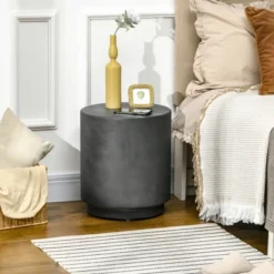 HOMCOM Lightweight Accent Table With Concrete Finish, Round Side Table With 4 Adjustable Feet For Indoor, Outdoor, Charcoal Gray