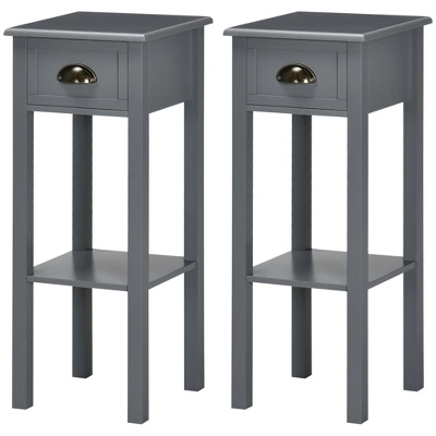 HOMCOM 2-Tier Side Table With Drawer, Narrow End Table With Bottom Shelf, For Living Room Or Bedroom, Set Of 2, Gray 3 HOMCOM 2-Tier Side Table With Drawer, Narrow End Table With Bottom Shelf, For Living Room Or Bedroom, Set Of 2, Gray - Image 3