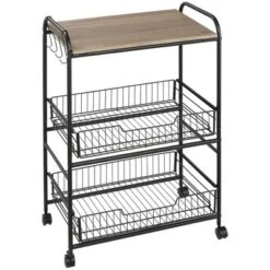 HOMCOM 24" 3-Tier Rolling Kitchen Cart, Utility Storage Trolley With 2 Basket Drawers, Side Hooks For Dining Room -Homcom GUEST 54e680b3 cb49 41e1 81f4 6d00473da82b
