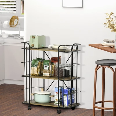 HOMCOM 25" Rolling Kitchen Cart, Kitchen Storage Trolley With 3 Shelves For Dining Room, Laundry Room, And Bathroom, Natural 2 HOMCOM 25" Rolling Kitchen Cart, Kitchen Storage Trolley With 3 Shelves For Dining Room, Laundry Room, And Bathroom, Natural - Image 2