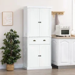 HOMCOM 72" Pinewood Large Kitchen Pantry Storage Cabinet, Freestanding Cabinets With Doors And Shelf Adjustment, Dining Room Furniture, White