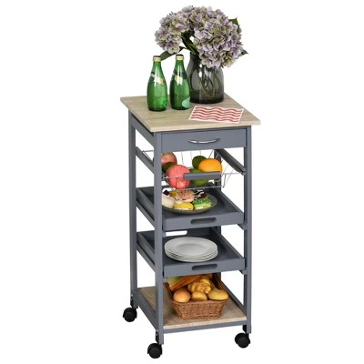 HOMCOM Mobile Rolling Kitchen Island Trolley Serving Cart With Underneath Drawer & Slide-Out Wire Storage Basket, Grey 6 HOMCOM Mobile Rolling Kitchen Island Trolley Serving Cart With Underneath Drawer & Slide-Out Wire Storage Basket, Grey - Image 6