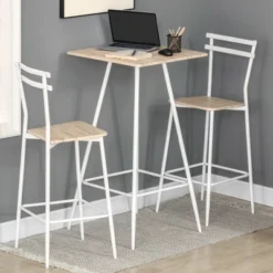 HOMCOM Bar Table And Chairs Set, 3 Piece Dining Table Set For 2 With Steel Frame And Footrest For Bar And Kitchen, White/Oak
