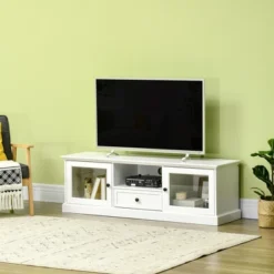 HOMCOM Modern TV Stand Cabinet For TVs Up To 60 Inches, Entertainment Center With Drawer And Glass Doors For Living Room, White