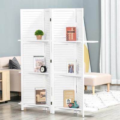 HOMCOM 4 Panel 67" Tall Wood Privacy Screen Room Divider With 3 Display Shelves, And Folding Storage For Bedroom Or Home Office, White 2 HOMCOM 4 Panel 67" Tall Wood Privacy Screen Room Divider With 3 Display Shelves, And Folding Storage For Bedroom Or Home Office, White - Image 2