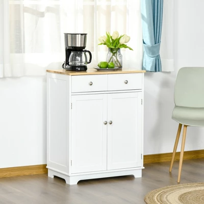 HOMCOM Kitchen Storage Cabinet, Sideboard Floor Cupboard With Solid Wood Top, Adjustable Shelf, And 2 Drawers For Living Room, And Hallway 2 HOMCOM Kitchen Storage Cabinet, Sideboard Floor Cupboard With Solid Wood Top, Adjustable Shelf, And 2 Drawers For Living Room, And Hallway - Image 2