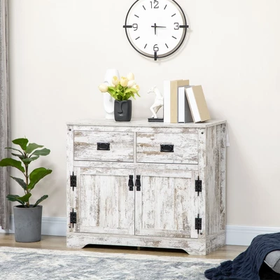HOMCOM Rustic Storage Cabinet Sideboard With 2 Drawers And 2 Cupboard, Distressed White 2 HOMCOM Rustic Storage Cabinet Sideboard With 2 Drawers And 2 Cupboard, Distressed White - Image 2